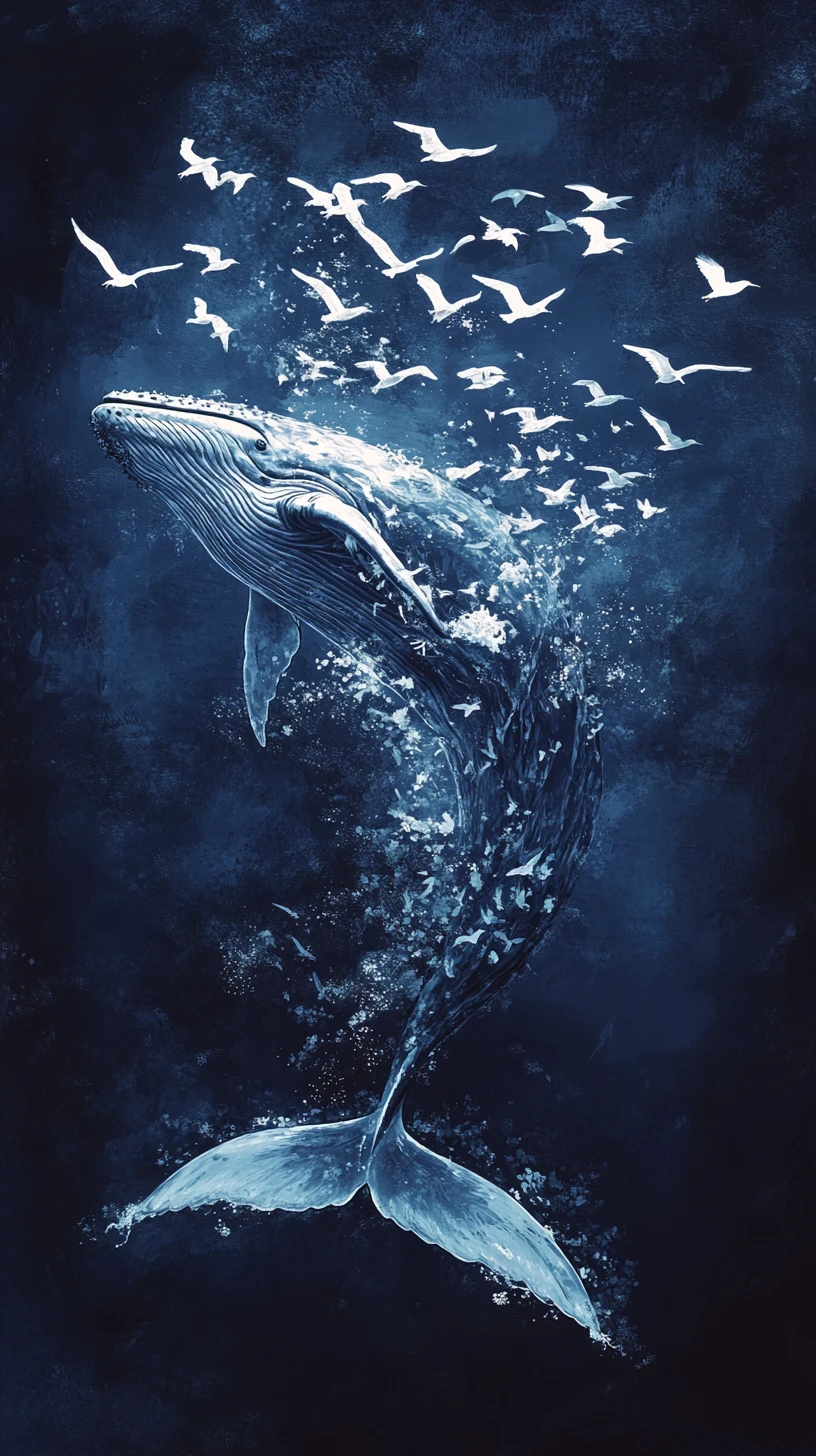 Baleia em salto se dissolvendo em ondas do oceano e aves marinhas