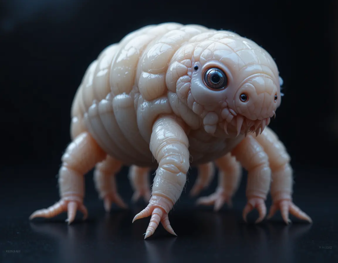 Makro-3D-Rendering eines Bärtierchens mit dramatischer Kantenbeleuchtung
