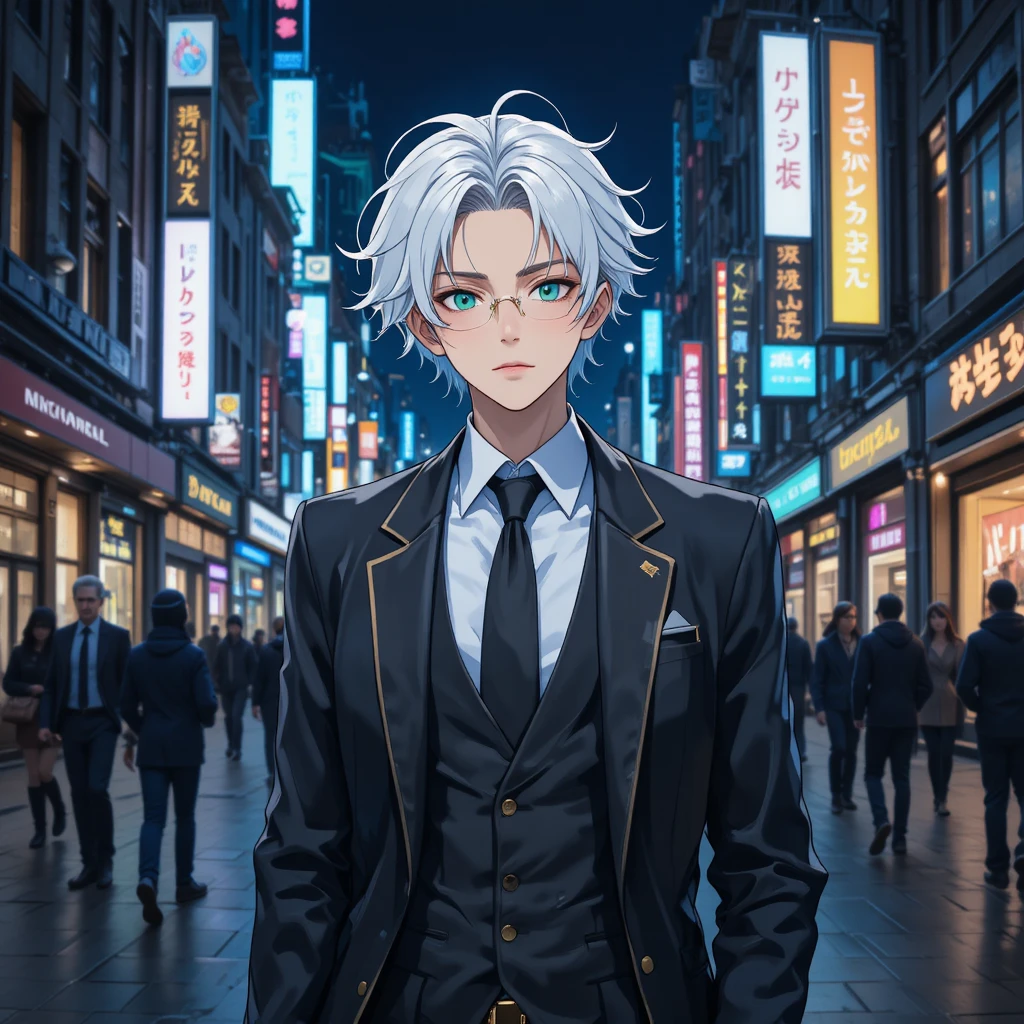 Ragazzo anime elegante che cammina per la città di notte