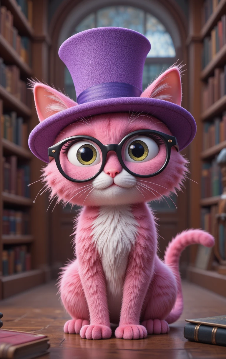 Gato rosa fofo com cartola lendo em uma biblioteca