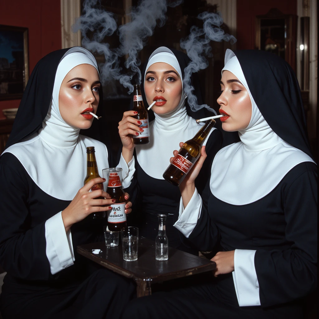 Des Nonnes Qui Fument et Boivent de la Bière dans une Scène Ludique