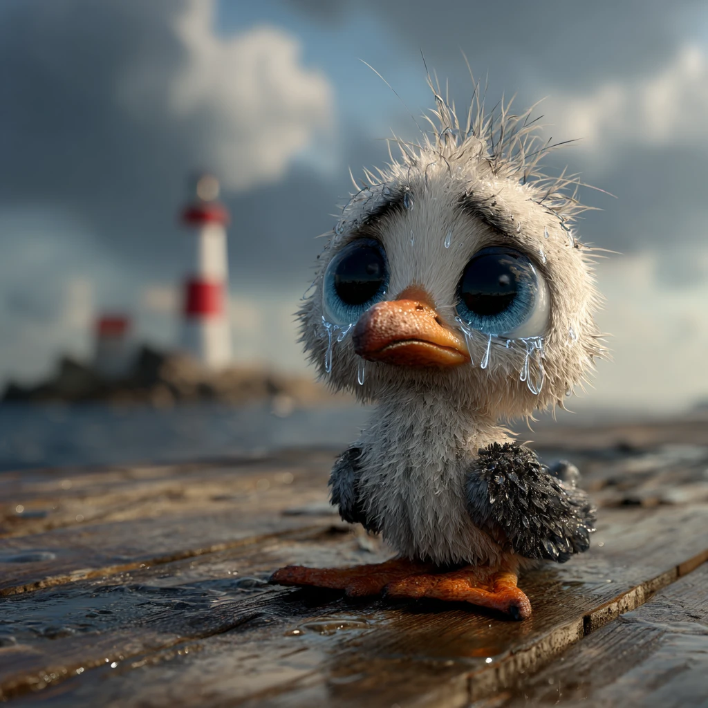 Gaivota bebê triste em um píer molhado ao lado do farol