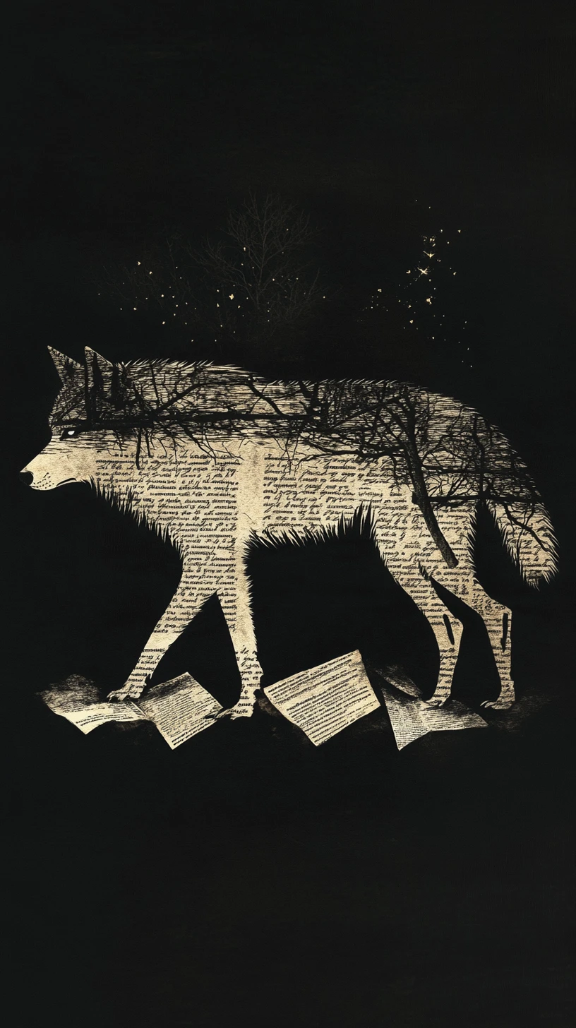 Lobo solitário caminhando por uma escuridão surreal tecida de manuscritos