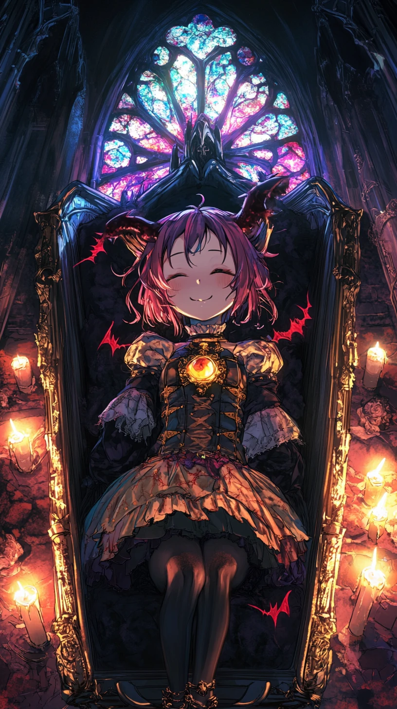 Chica de anime durmiendo en ataúd encadenado en catedral gótica