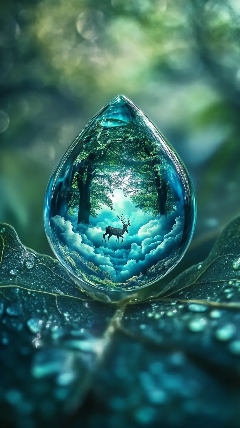 Macro water droplet on a leaf holding a tiny forest