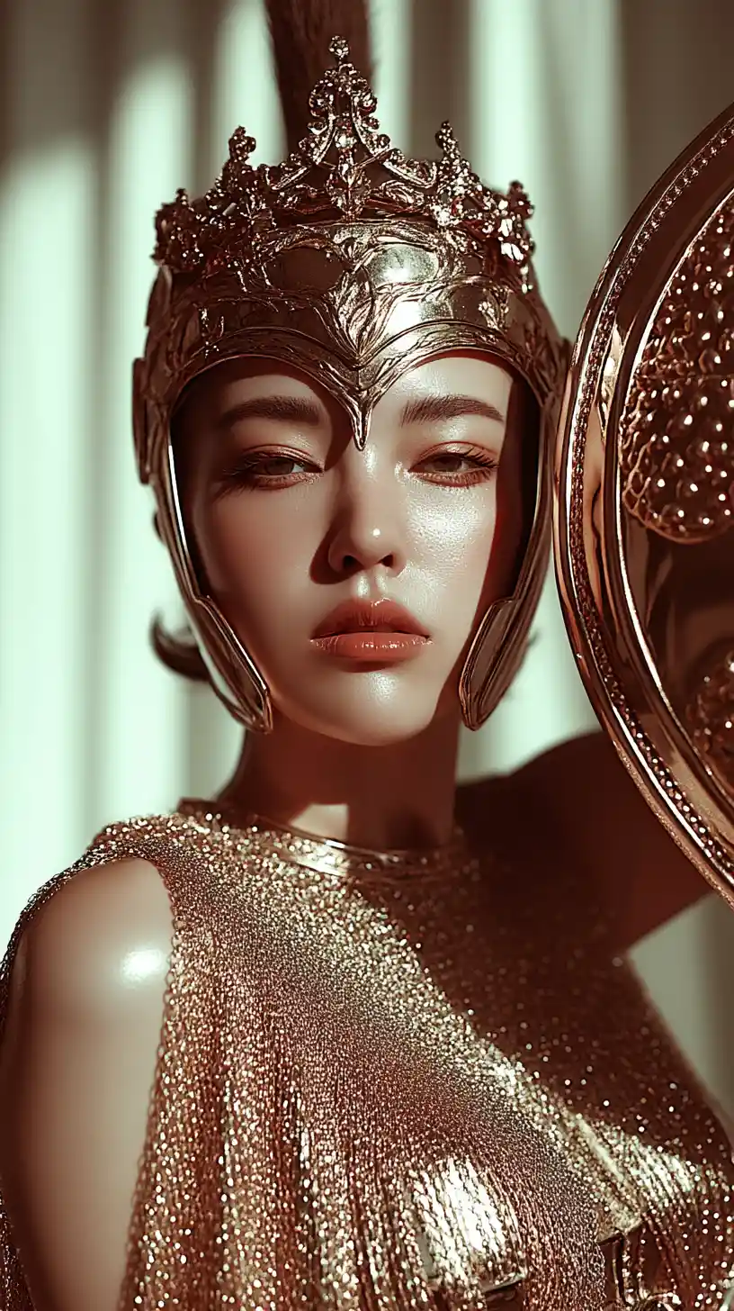 Amazon queen in armor with shield in palace