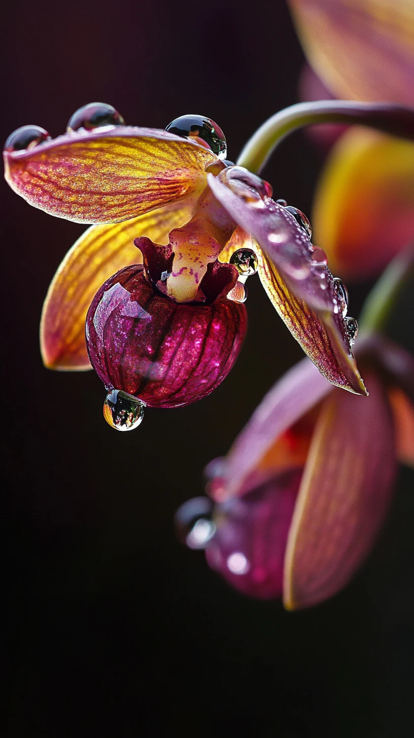 Portrait macro d’une orchidée rare avec des gouttes de pluie semblables à des diamants