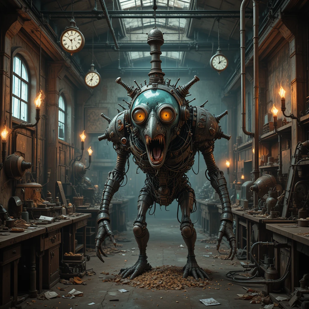Créature-machine de terreur surréaliste dans un abattoir abandonné