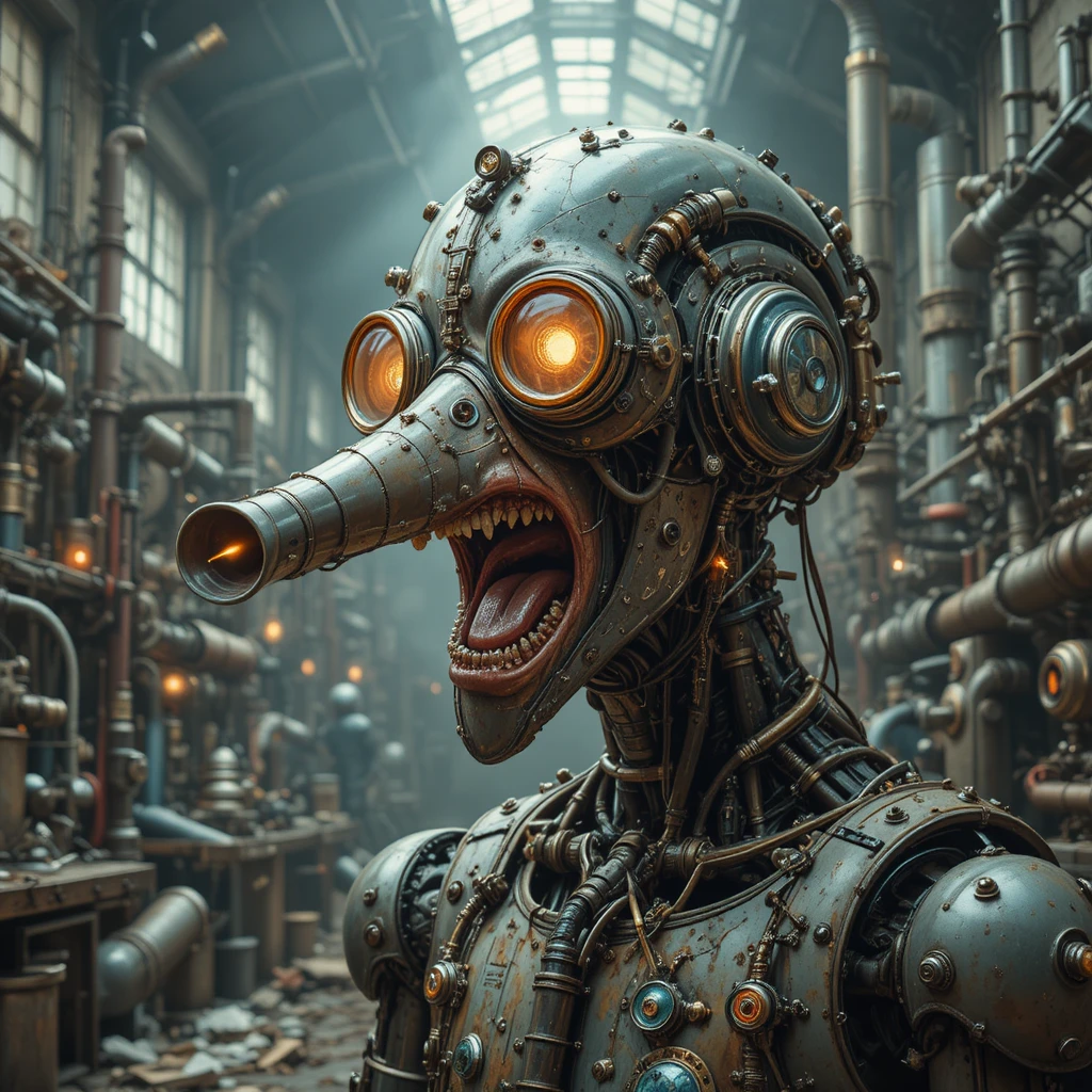 Machine de terreur surréaliste à tête de corbeau mécanique dans une usine