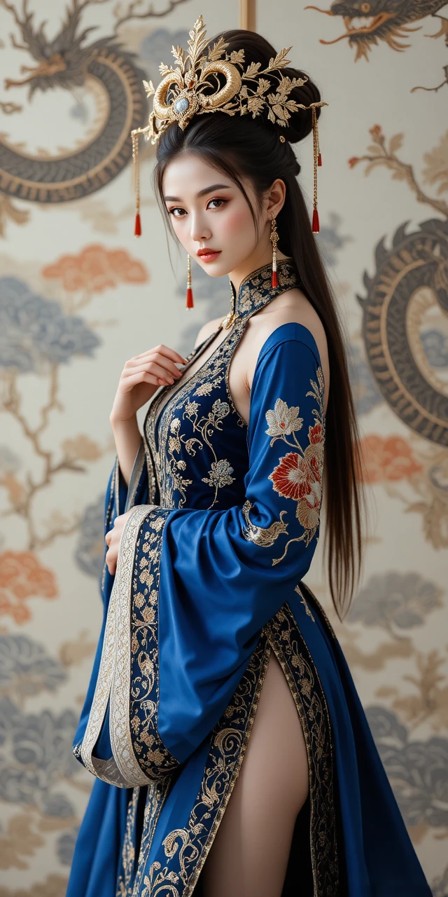 Retrato de mulher elegante em hanfu azul e dourado ornamentado