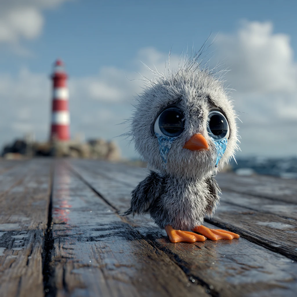 Filhote de gaivota triste em um píer de madeira chuvoso no mar