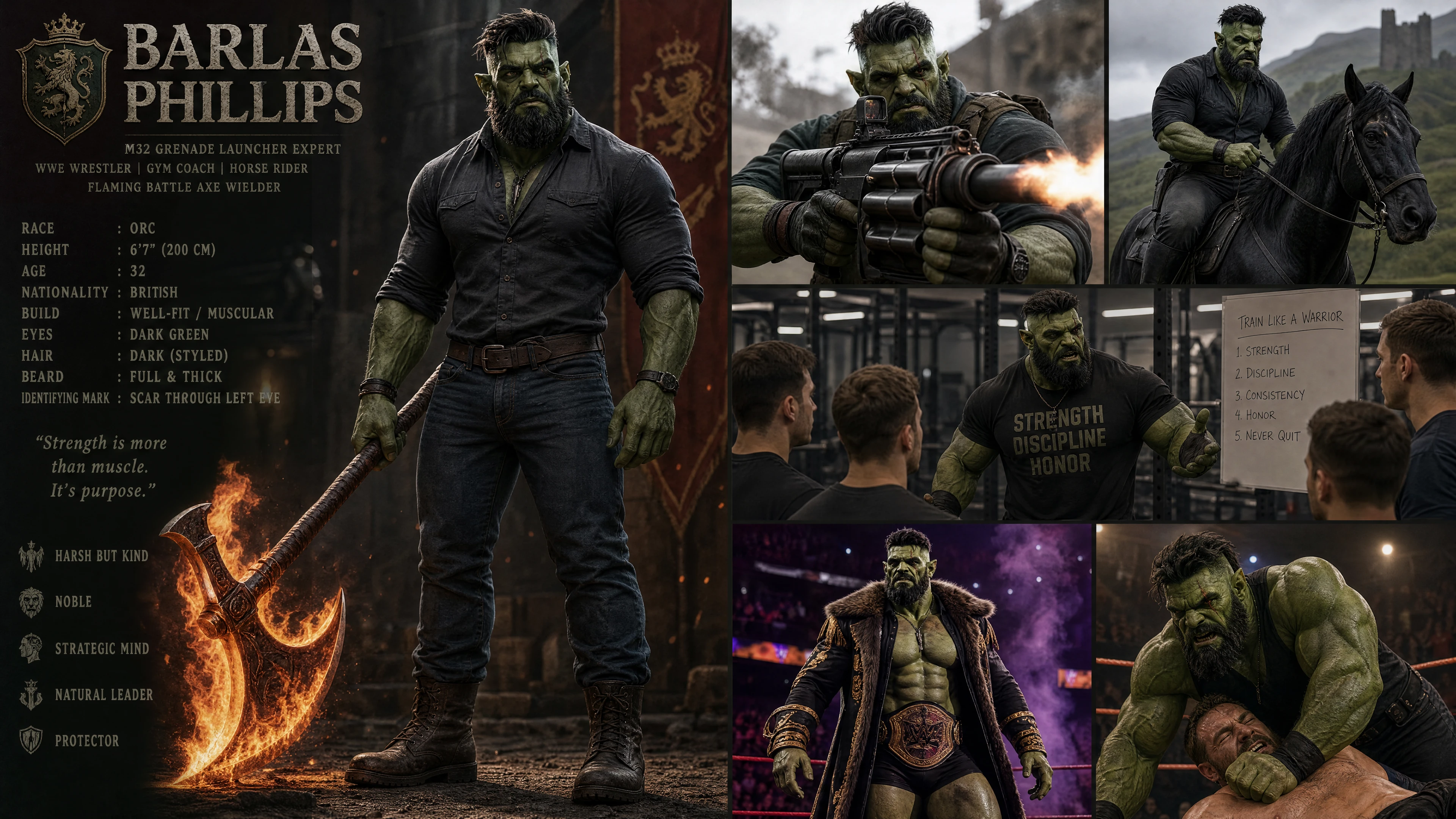Grand guerrier orc vert barbu en tenue décontractée moderne