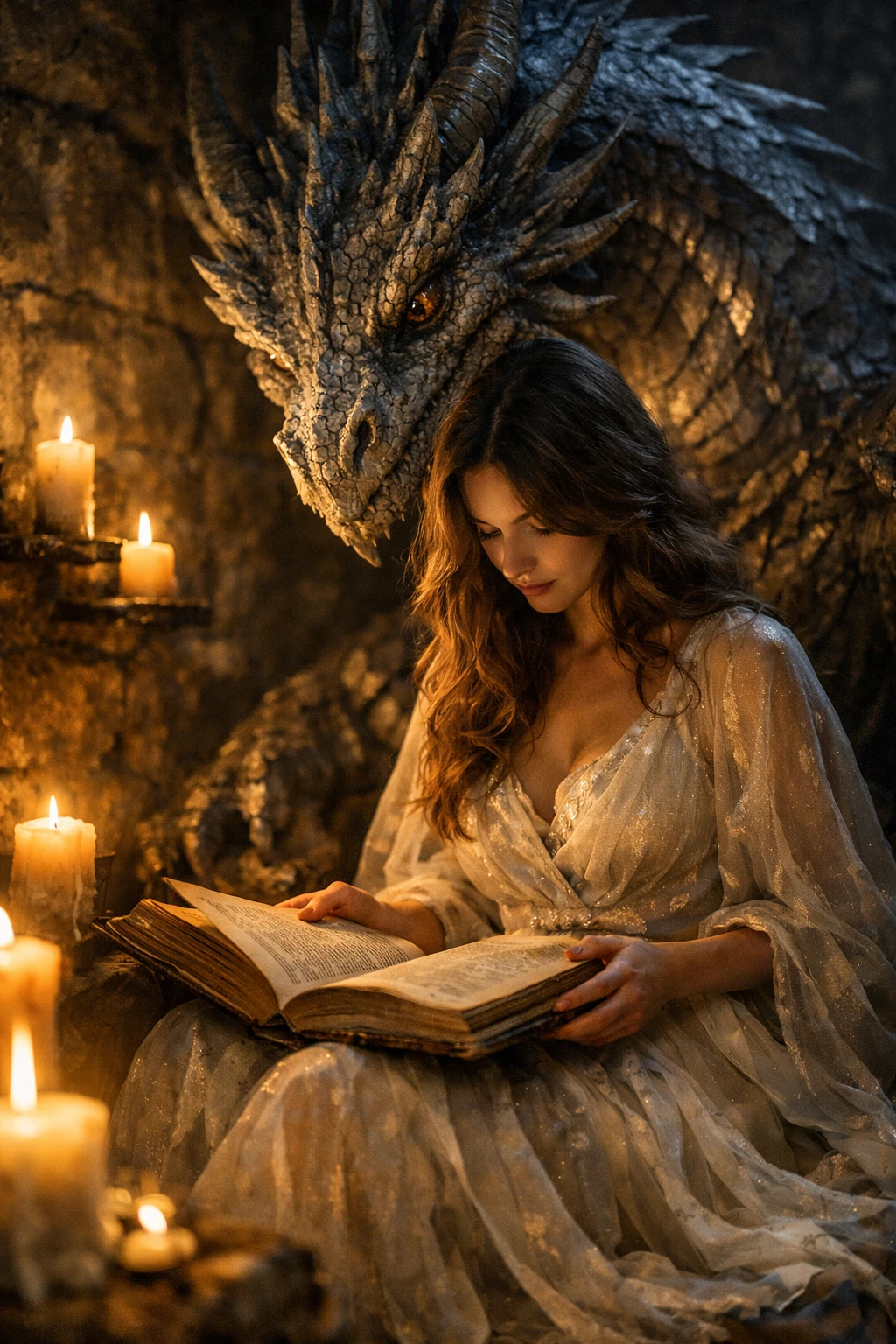 Mulher lendo um livro antigo ao lado de velas e de um dragão