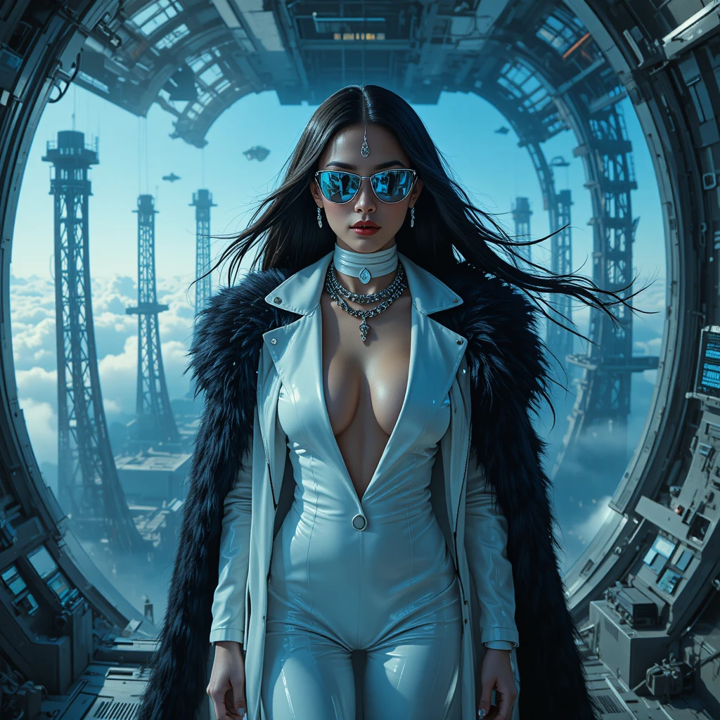 Femme fatale sci‑fi cinematografica nel terminal orbitale