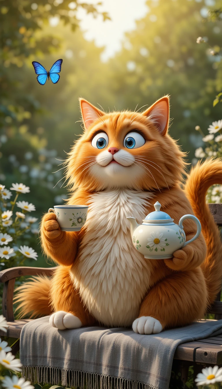 Flauschige rote Katze mit Tee, die einen blauen Schmetterling anstarrt