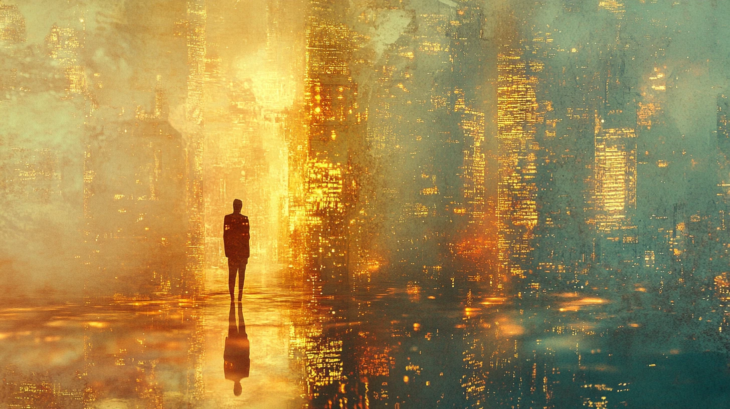 Figura solitária caminhando por um infinito cenário urbano reflexivo de memórias