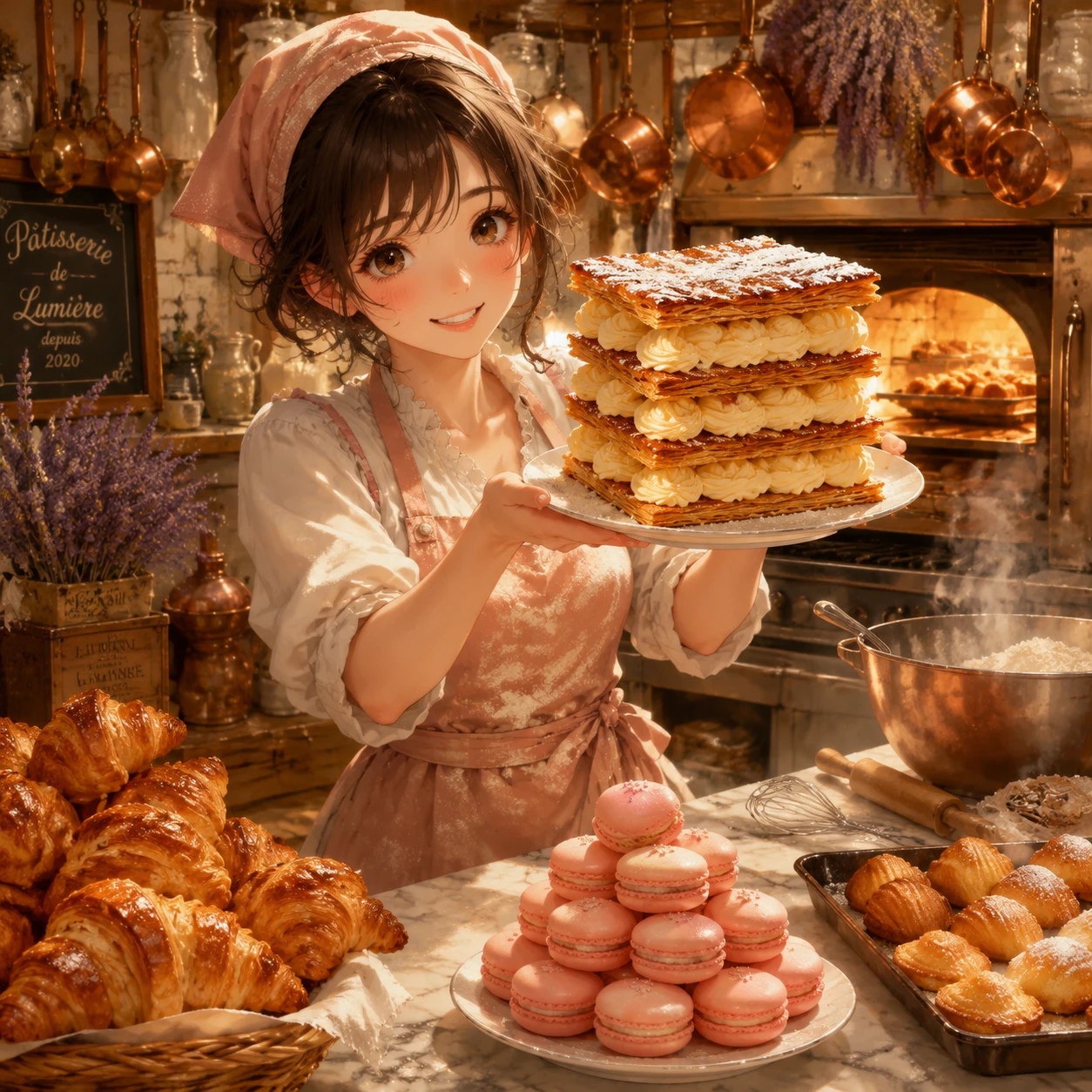Ragazza pasticcera in stile anime che presenta un imponente dolce millefoglie