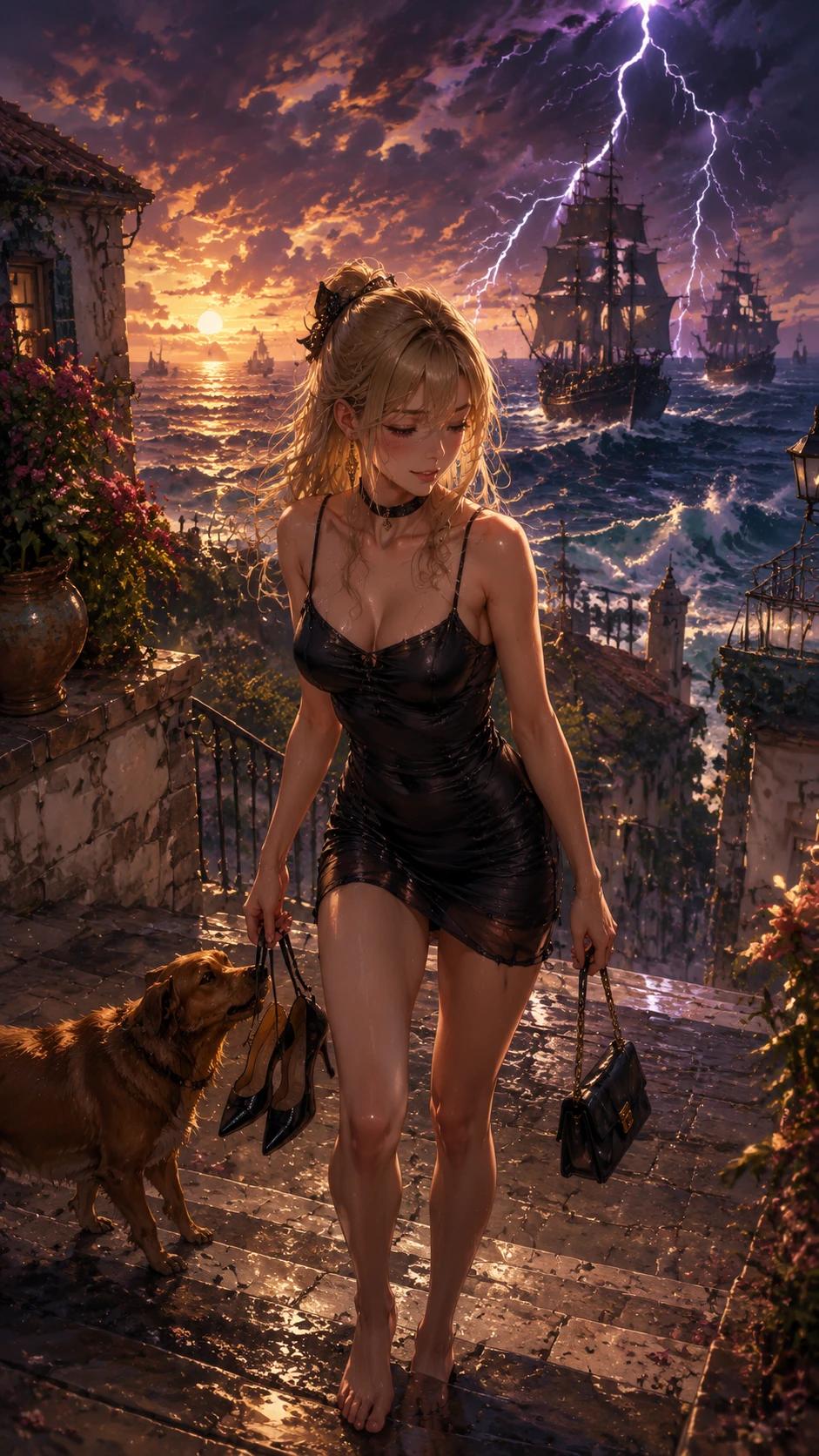 Garota loira de anime descalça em um pátio banhado de sol