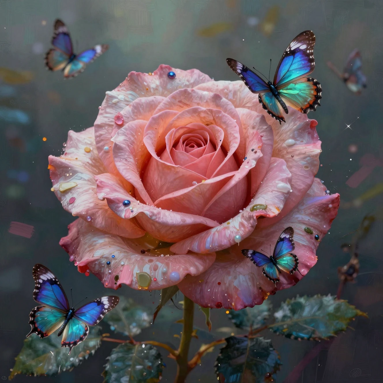 Einzelne Schmetterlingsrose in einem mystischen Fantasy-Garten
