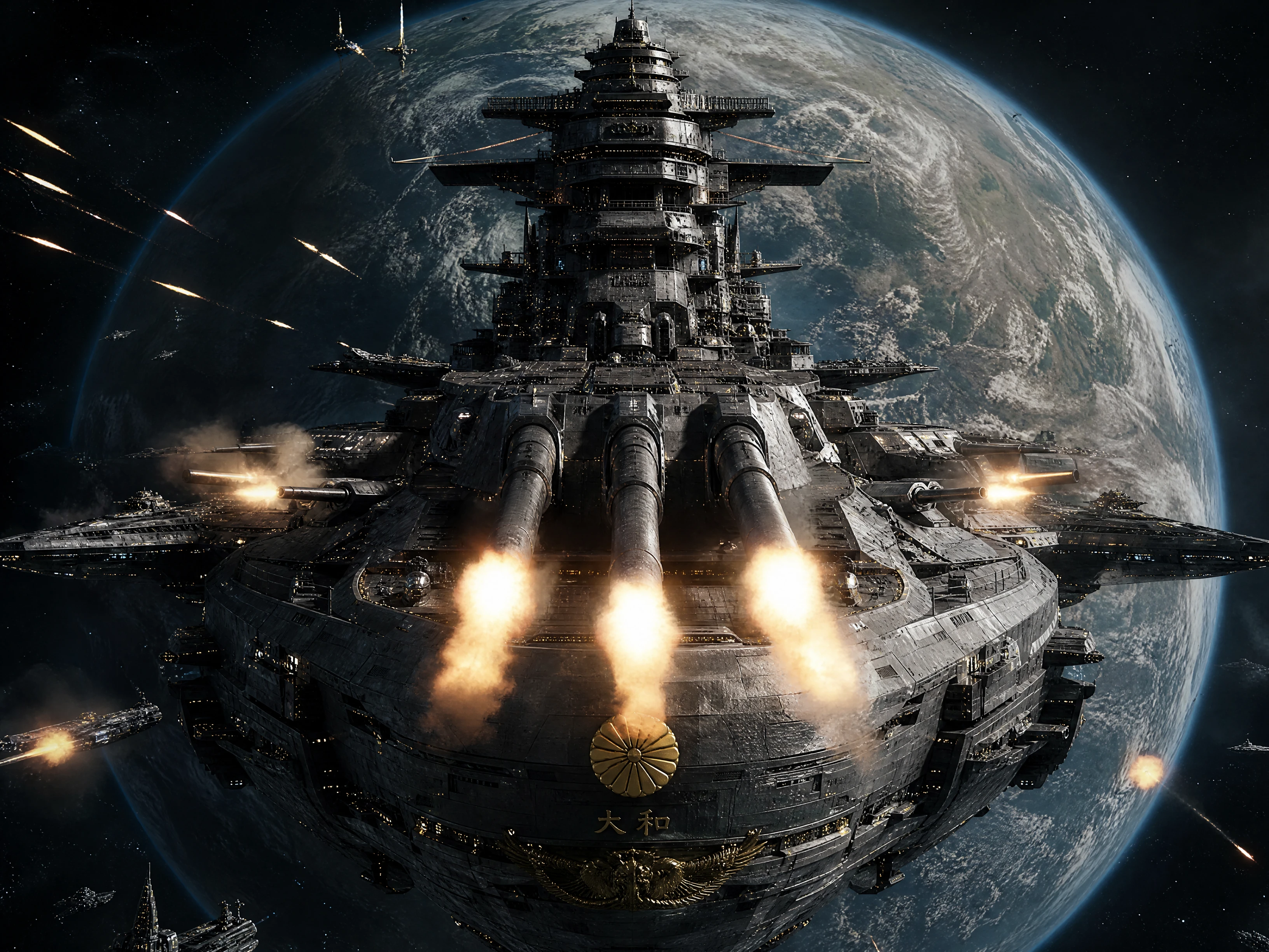 Weltraumschiff im Stil eines WWII-Schlachtschiffs, das im All feuert