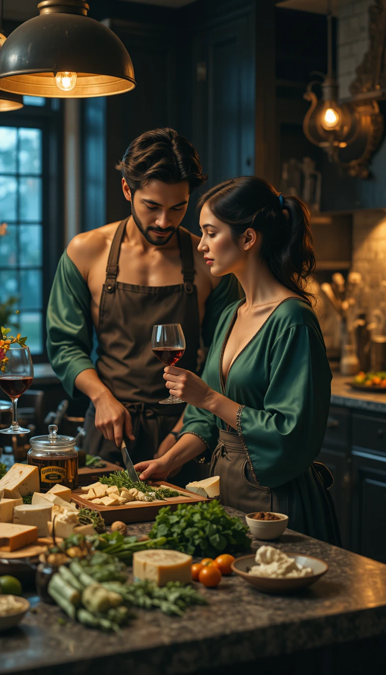 Pareja íntima preparando la cena en una cocina con iluminación cálida