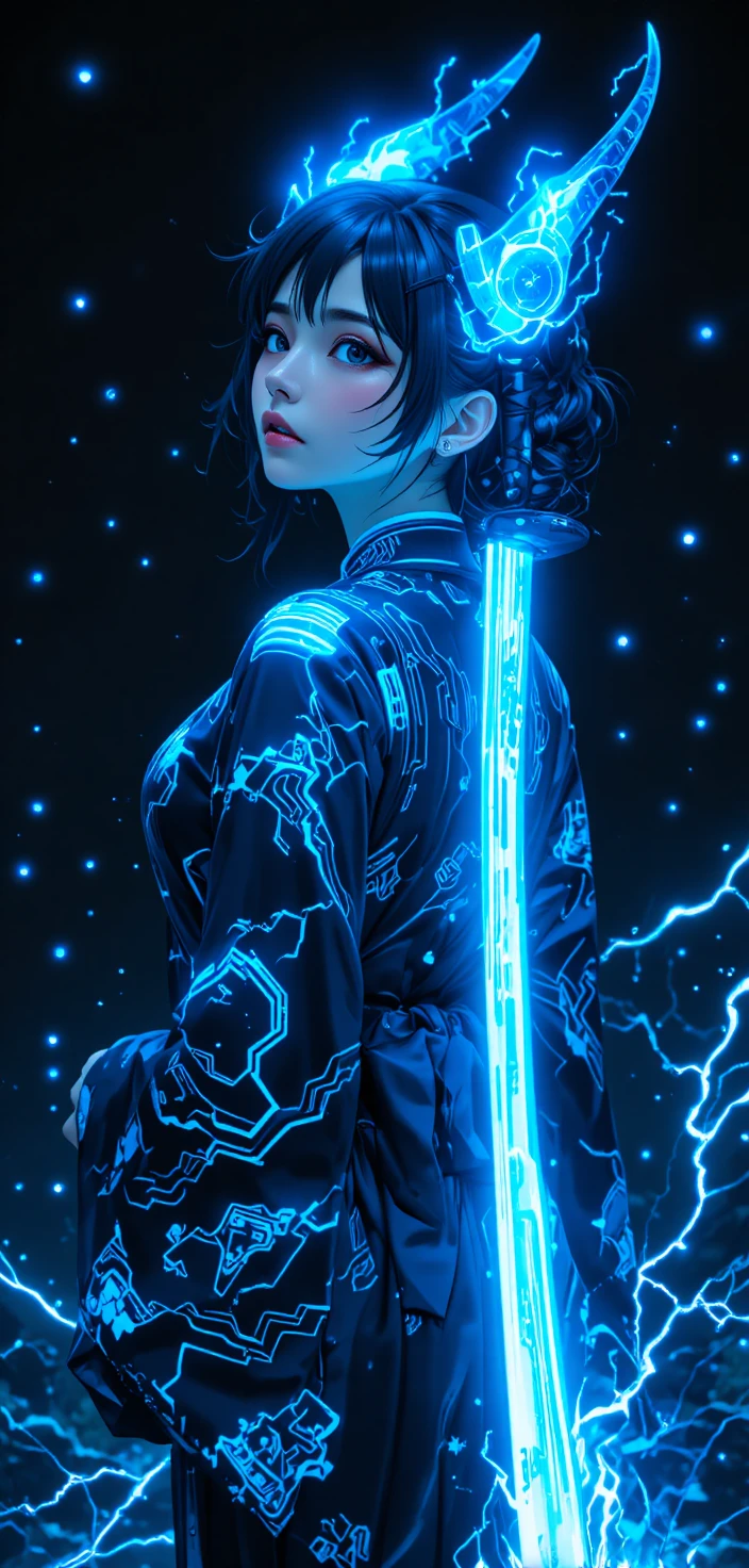 發光武士刀與電光眼神的賽博動漫少女