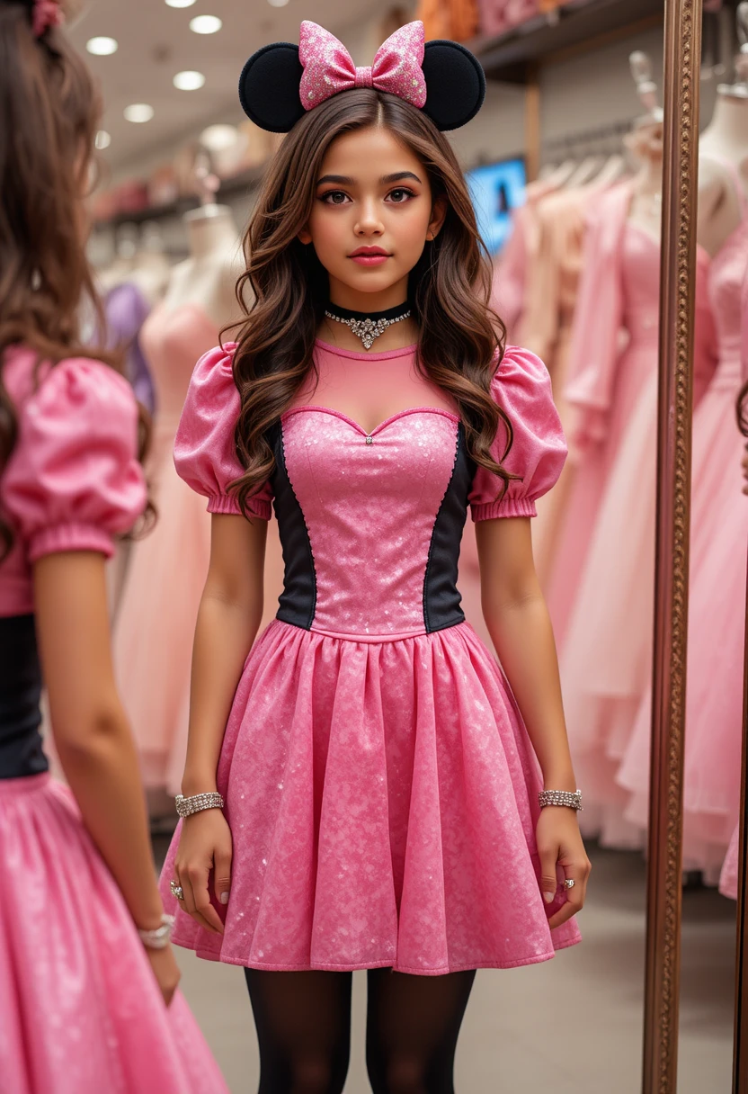 Menina jovem admirando a si mesma em um vestido rosa da Minnie Mouse