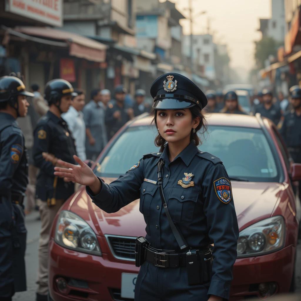 Des policiers sécurisent une voiture rouge dans un marché pakistanais très fréquenté