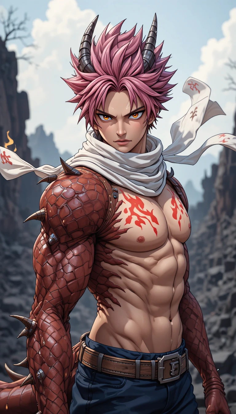 Guerreiro de anime com braço de dragão em cenário de deserto rochoso