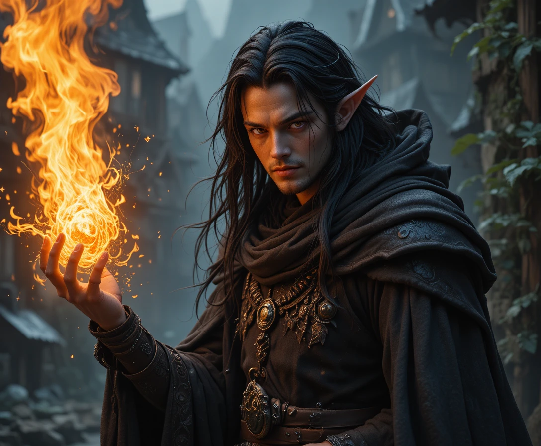 Mago tiefling caótico e bom conjurando uma bola de fogo em chamas