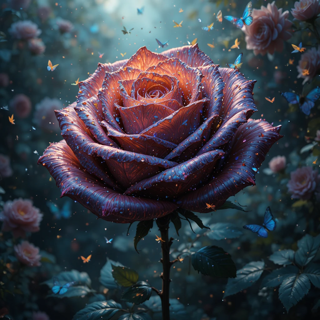 Unica rosa di farfalle che brilla in un giardino mistico di fantasia