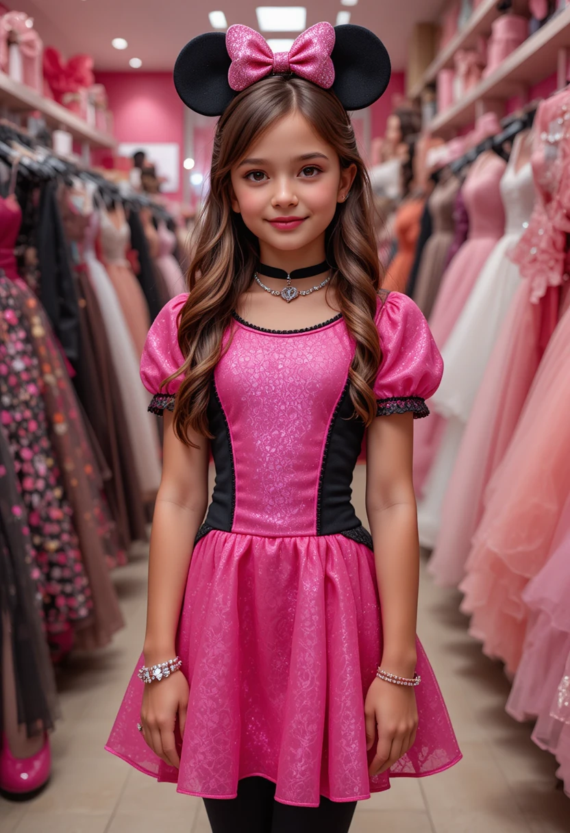 Menina com vestido rosa da Minnie em loja da Disney