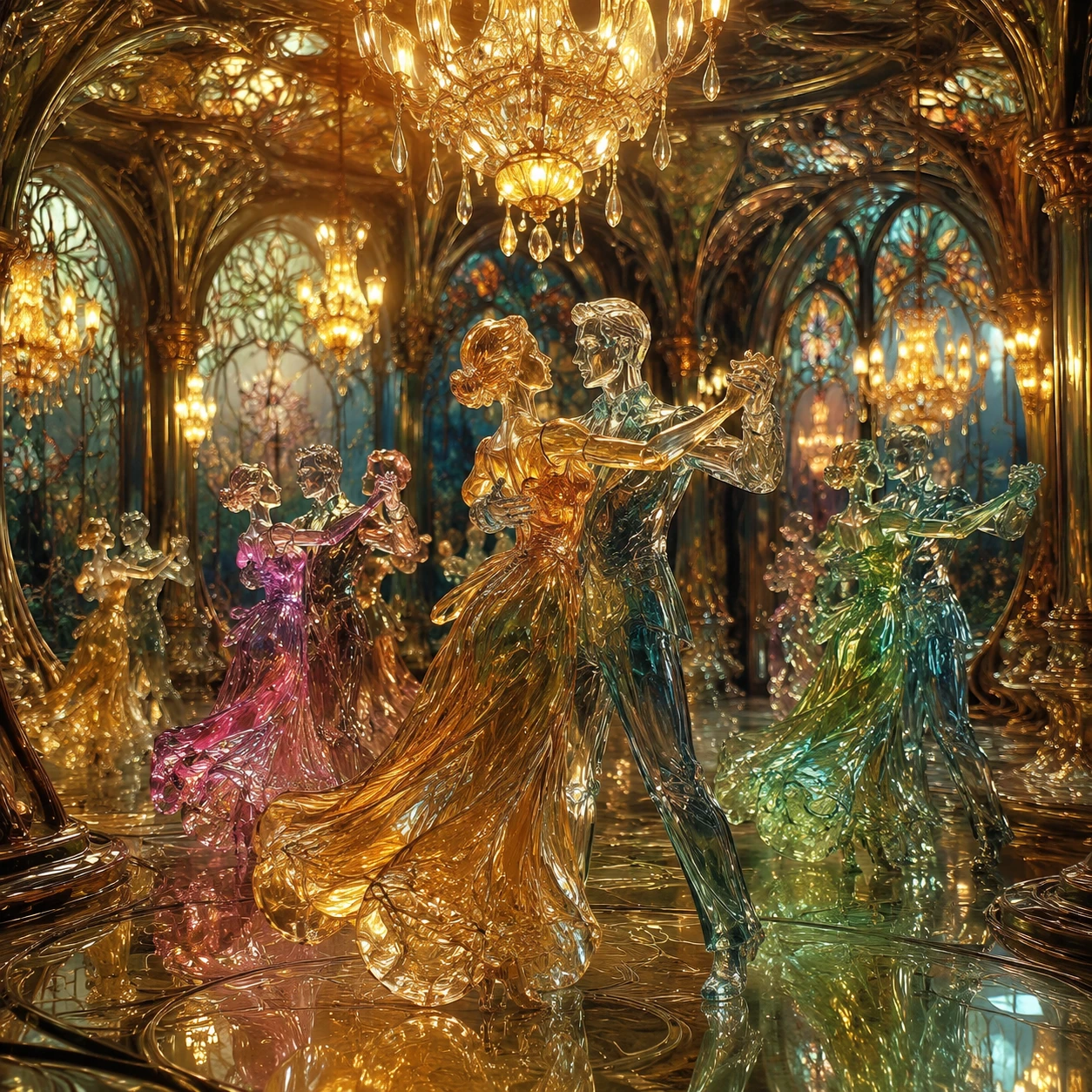 Glass dancers swirling in an elegant art nouveau ballroom