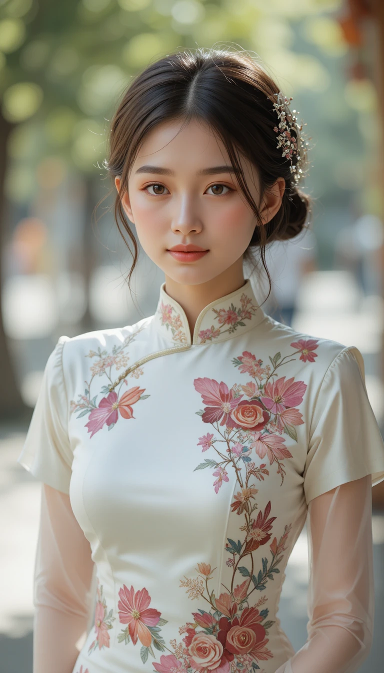 Mulher vietnamita usando um vestido tradicional ao dai esvoaçante