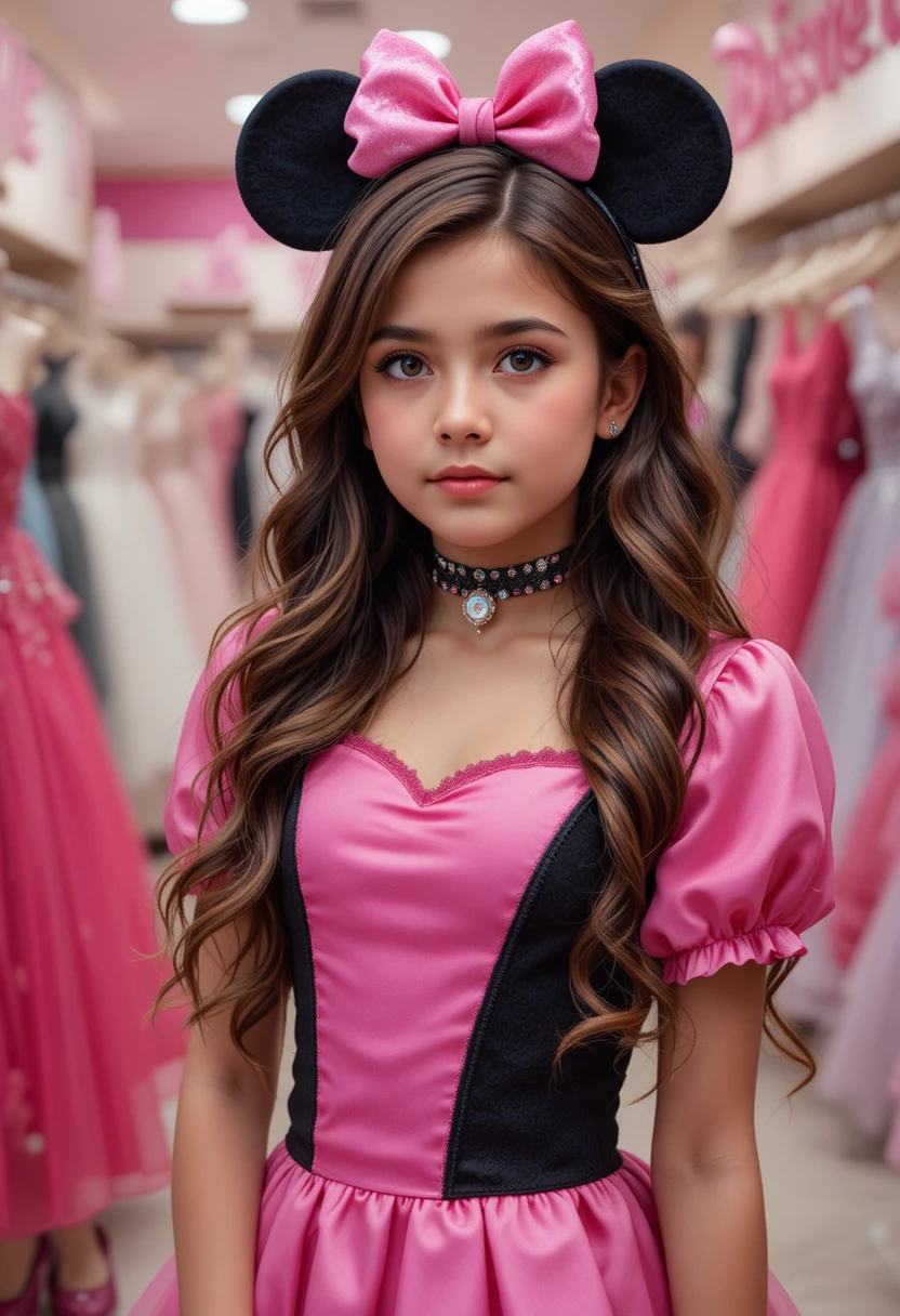 Jovem estilosa com vestido rosa da Minnie em boutique