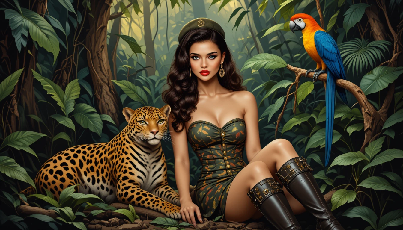 Young woman with jungle animals in vintage oil painting