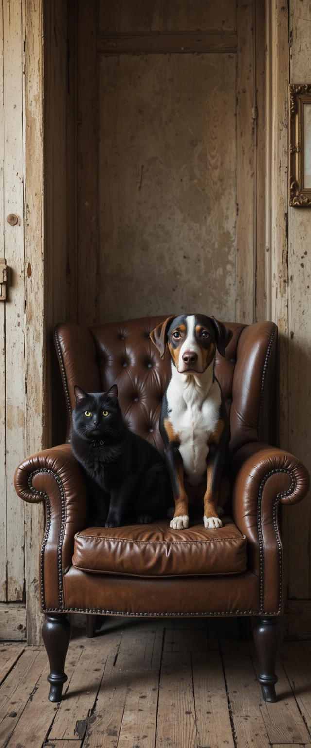 Cachorro preto e gato preto em poltrona de couro gasta em ambiente interno
