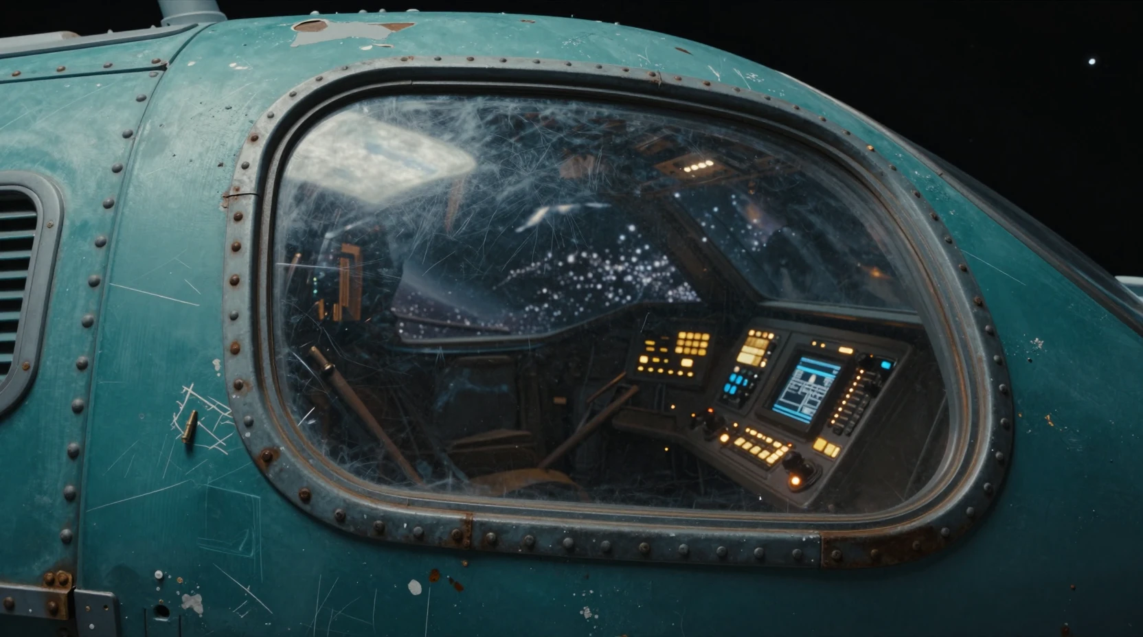 Close-up da janela da cabine de uma nave espacial verde-azulada desgastada