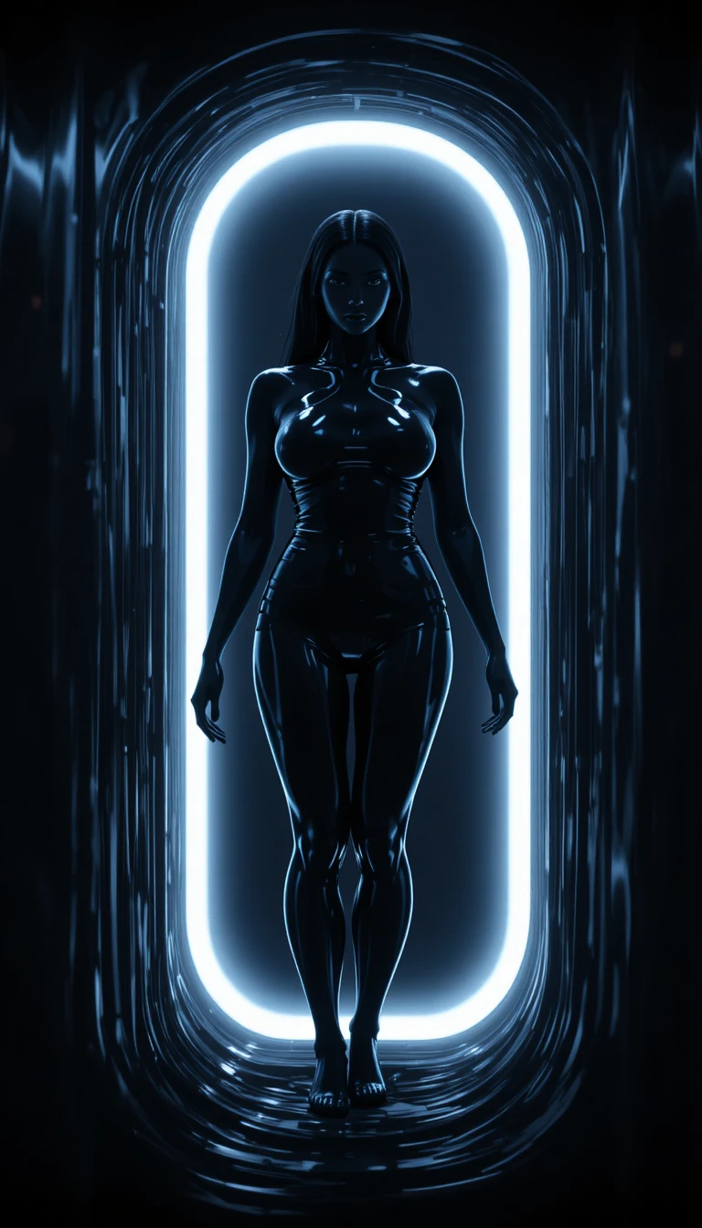 Silhouette cinematografica di una donna sigillata in latex nero lucido