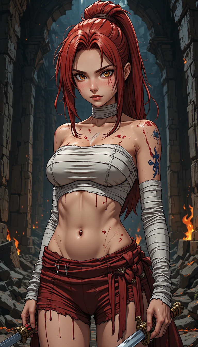 Guerreira de anime em ruínas com espada e brasas