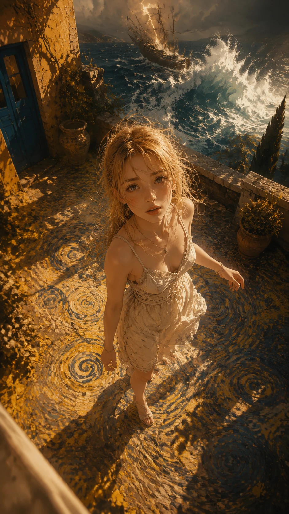 Garota de anime em pátio mediterrâneo banhado pelo sol vista de cima
