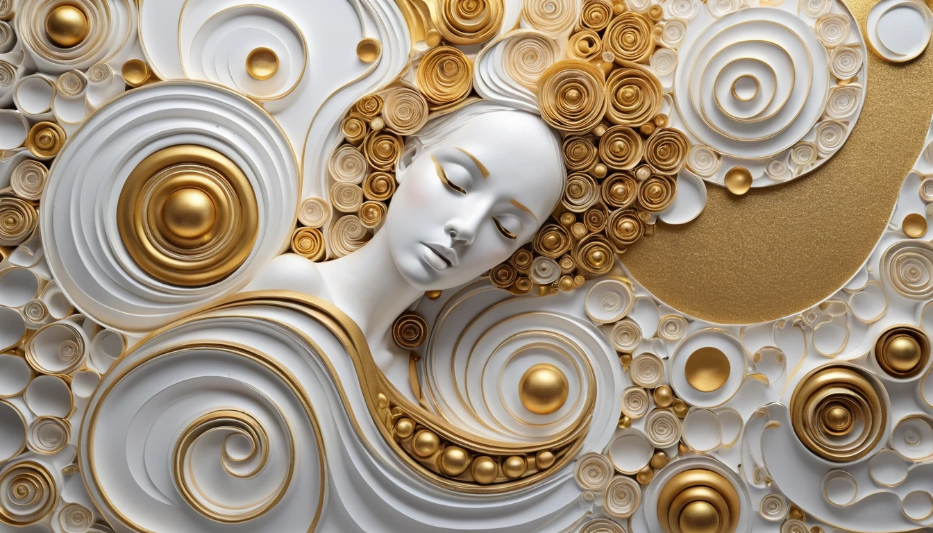 Abstraktes 3D-Kunstwerk in Weiß und Gold mit geschichteten Formen