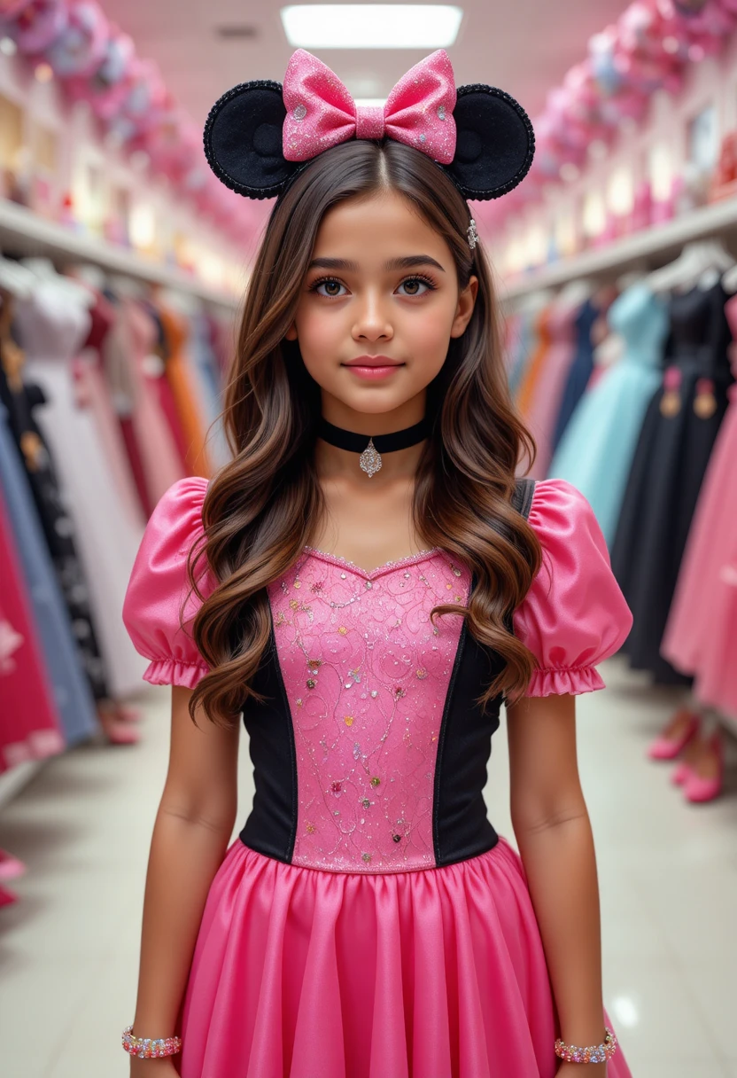 Préadolescente en robe Minnie rose dans une boutique Disney