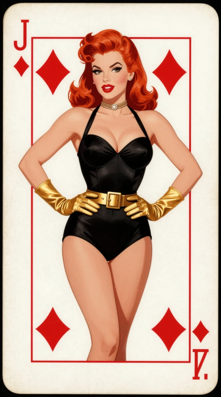 Pin-up ruiva em carta vintage de valete de ouros