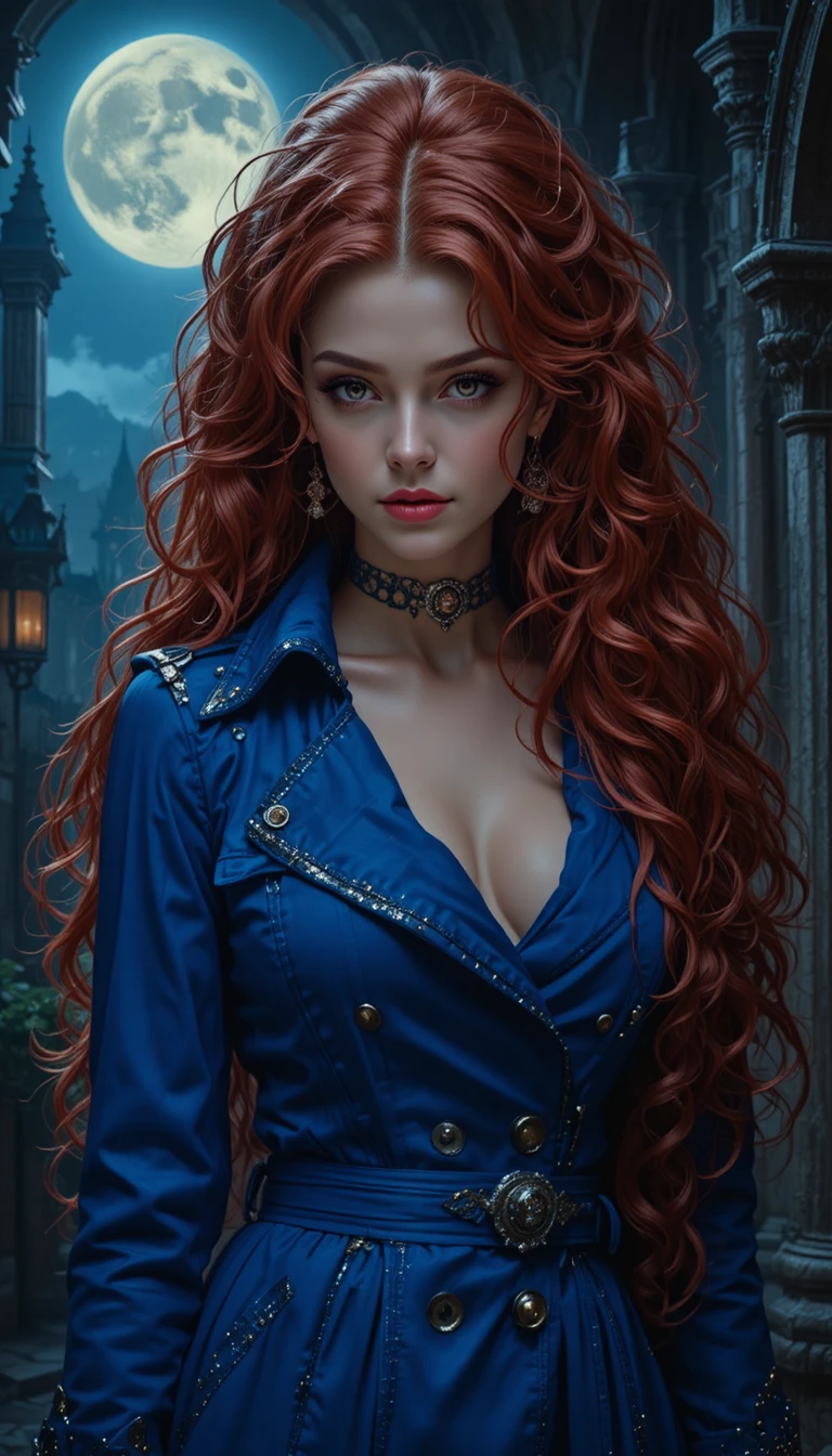 Mulher ruiva de casaco azul em castelo gótico