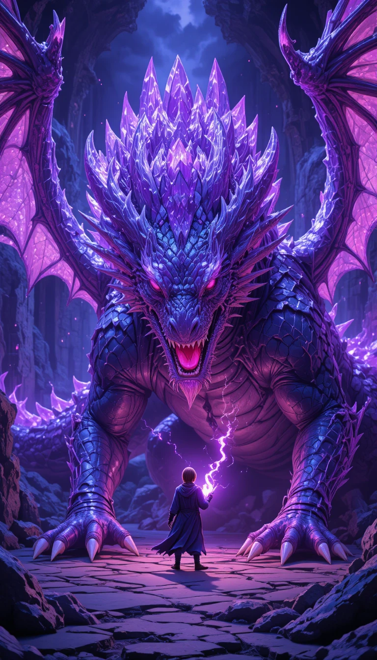 Primer plano de un dragón de anime en una sala de cristal brillante