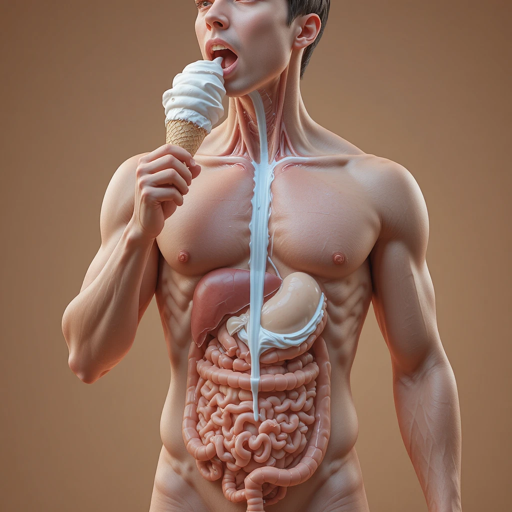 Medizinischer 3D‑Querschnitt eines Mannes, der Vanilleeis verdaut