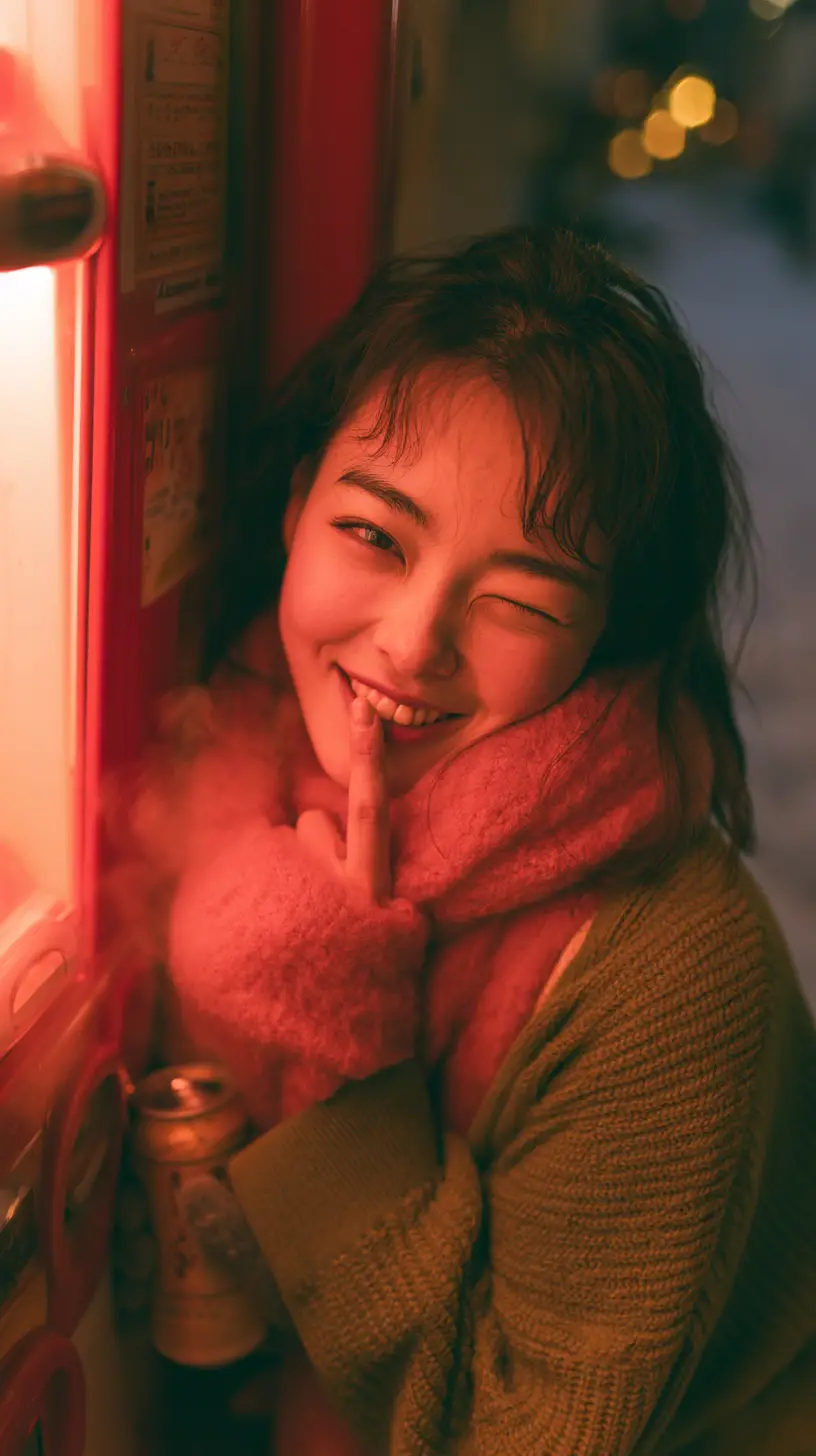 Jeune fille japonaise enjouée près d’un distributeur rouge lumineux