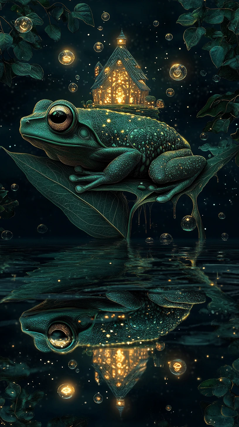 Leuchtender Laubfrosch auf einer riesigen schwimmenden Blattinsel