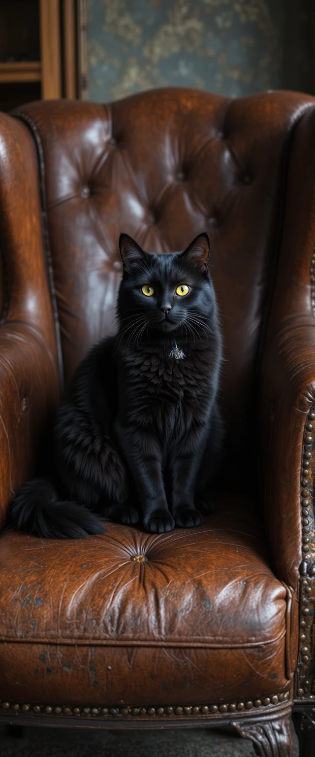 Gato preto sentado em uma poltrona de couro desgastada em ambiente interno